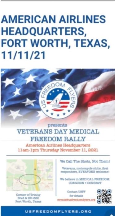 Read more about the article Veteran’s Day Medical Freedom Rally American Airlines Headquarters 11/11/21 Fort Worth, Texas